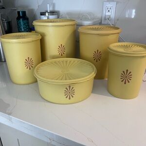 Vintage Tupperware Yellow Canister Set with Floral Design